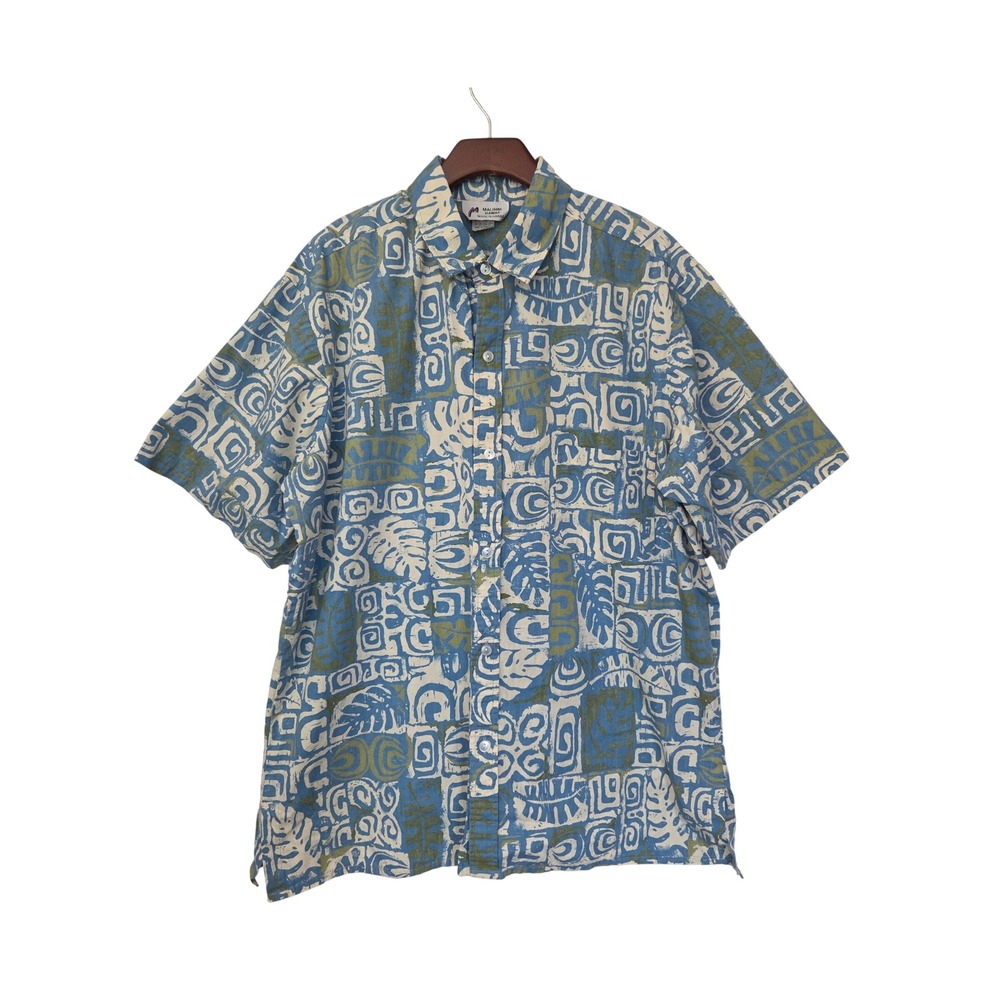 Malihini Hawaii Button Down Shirt Tribal Tapa Print Mens XL Blue Green Cotton